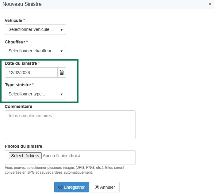 date et type de sinistre